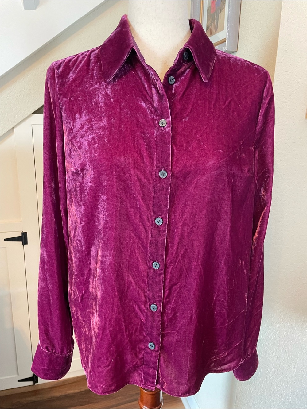 Boden Purple/Deep Berry Velvet Long Sleeve Button Down Blouse Top US 4